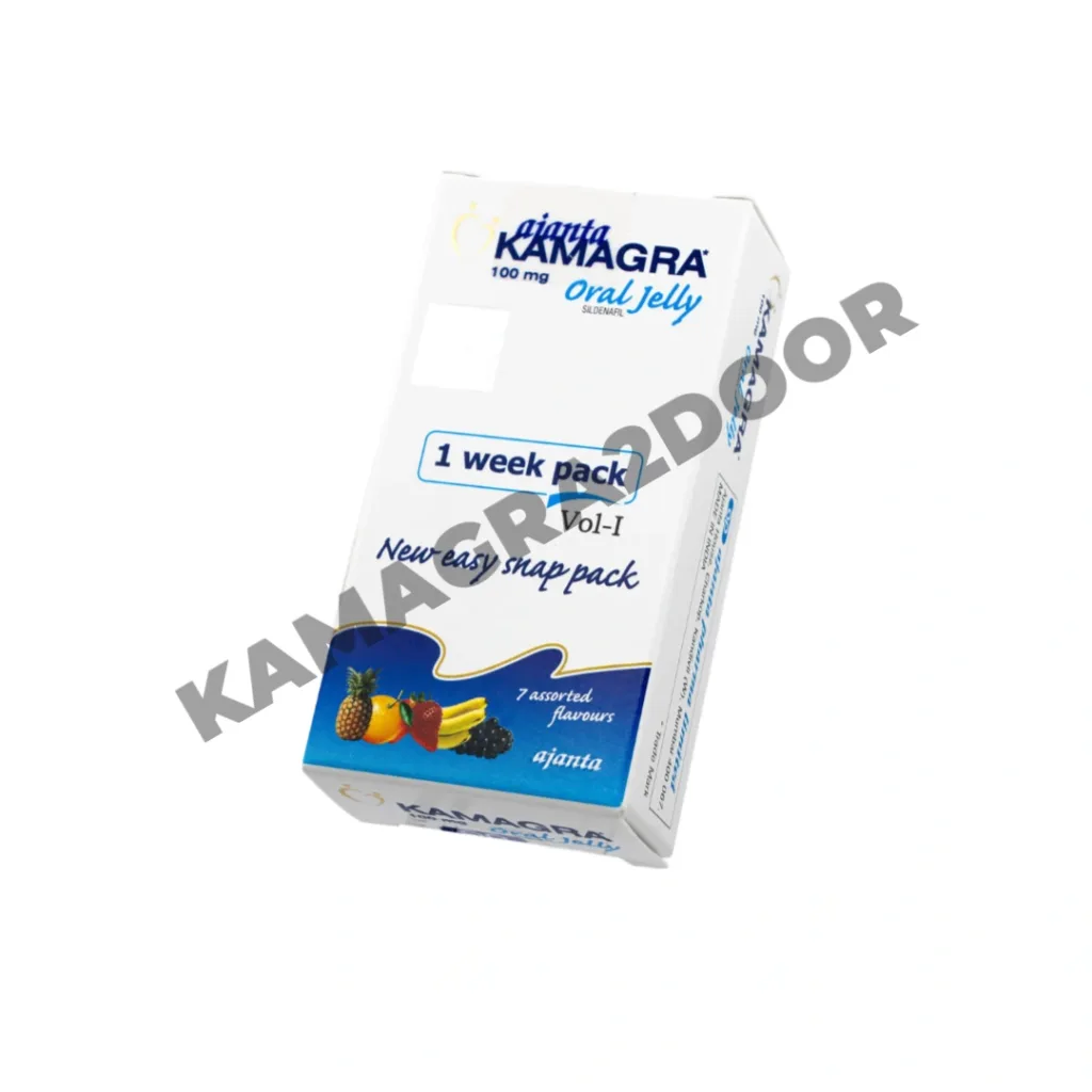 Kamagra Oral Jelly 100mg box – 1-week pack with 7 assorted flavors, sildenafil-based oral jelly by Ajanta Pharma.