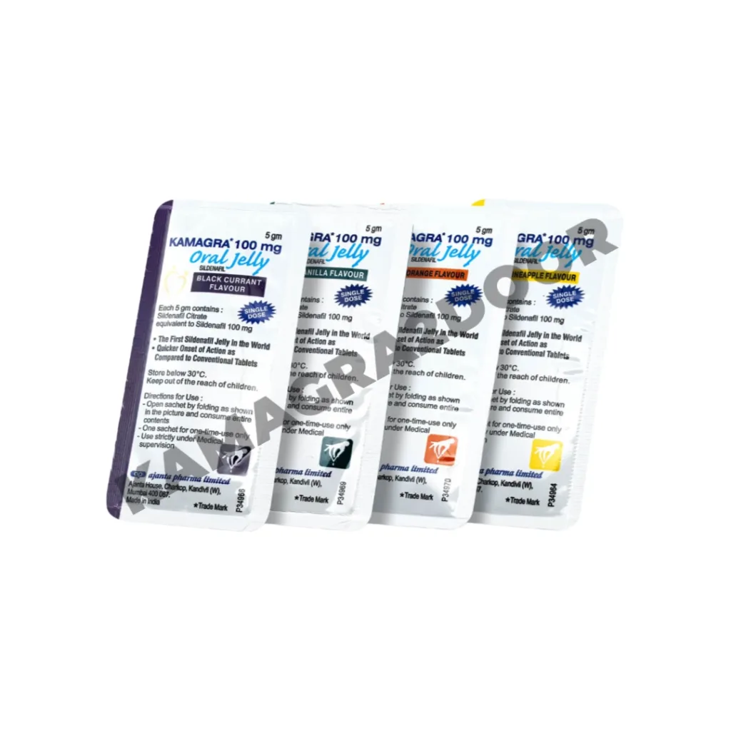 Kamagra Oral Jelly 100mg box – 1-week pack with 7 assorted flavors, sildenafil-based oral jelly by Ajanta Pharma.