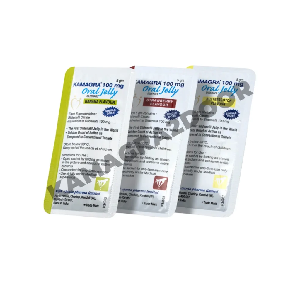 Kamagra Oral Jelly 100mg box – 1-week pack with 7 assorted flavors, sildenafil-based oral jelly by Ajanta Pharma.