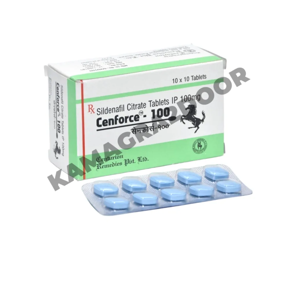 Cenforce 100mg tablets containing sildenafil citrate, used for erectile dysfunction treatment, with official packaging