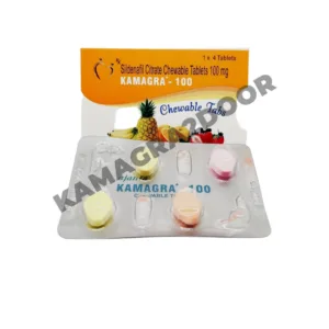 Kamagra Chewable 100mg tablets with sildenafil citrate, providing a fast-acting solution to treat erectile dysfunction and improve sexual performance